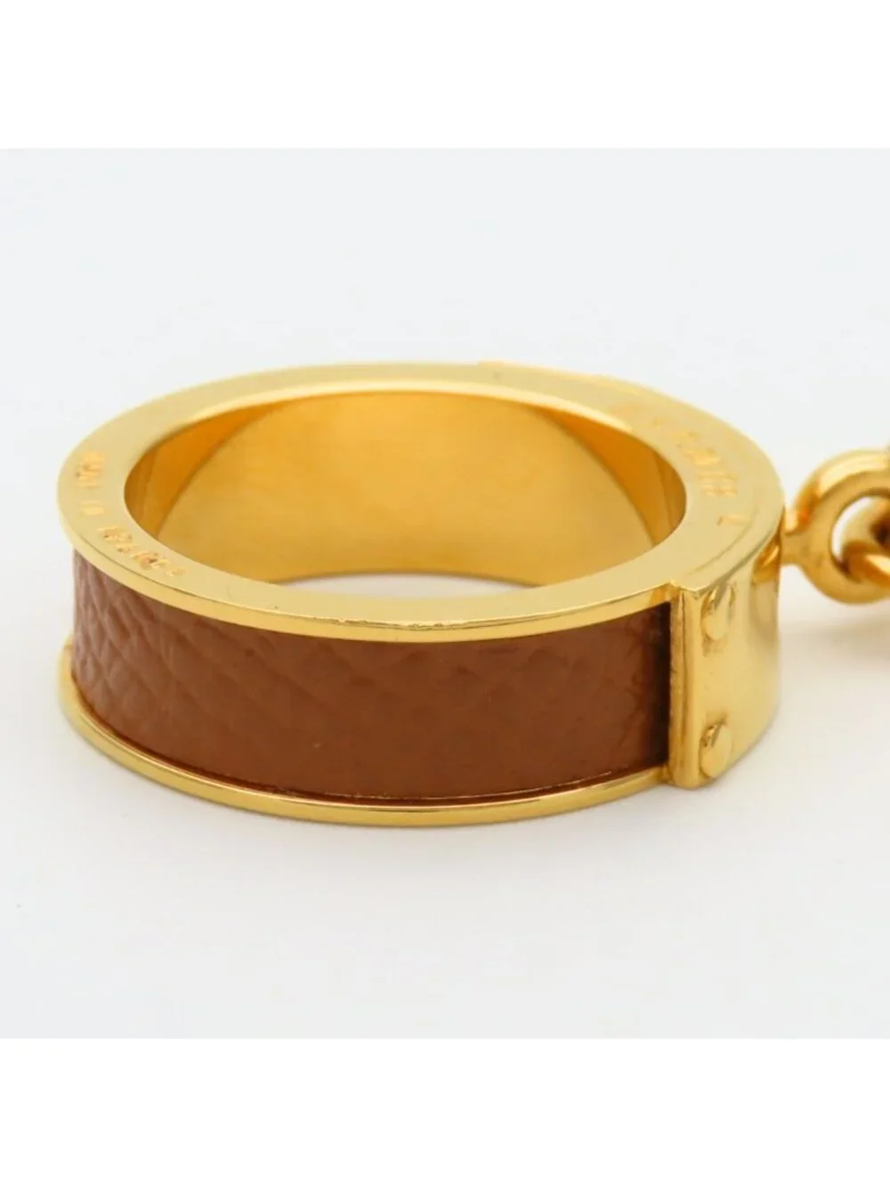 Hermes Scarf Ring Kelly Cadena Motif Metal Leather Gold Brown Plated - Picture 4 of 10